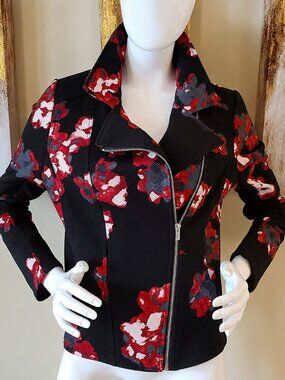 Black Rivet Black/Red Floral Zipper Front Asymmetrical Bomber Jacket SZ L
